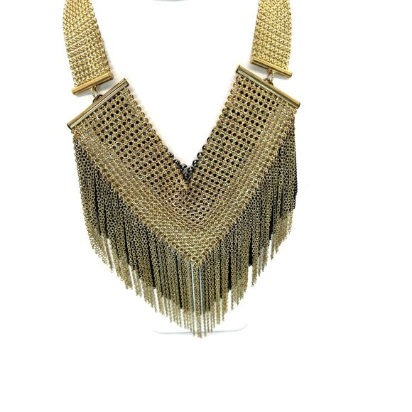 Gold-tone Rhinestone Chainmail Bib Necklace Fringed Chain Statement Boho Chic - Picture 8 of 14